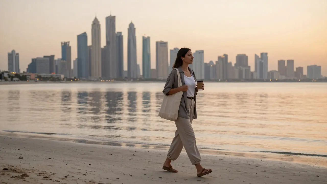A woman walking alone along Jumeirah Beach at sunset, calm and dignified, with the city skyline reflected in the sand.