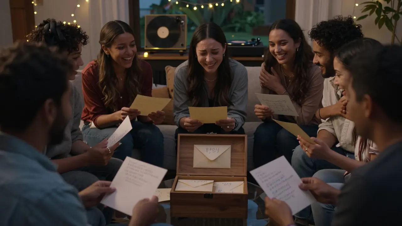 Adults sharing handwritten letters around a wooden box during a heartfelt birthday celebration at dusk.