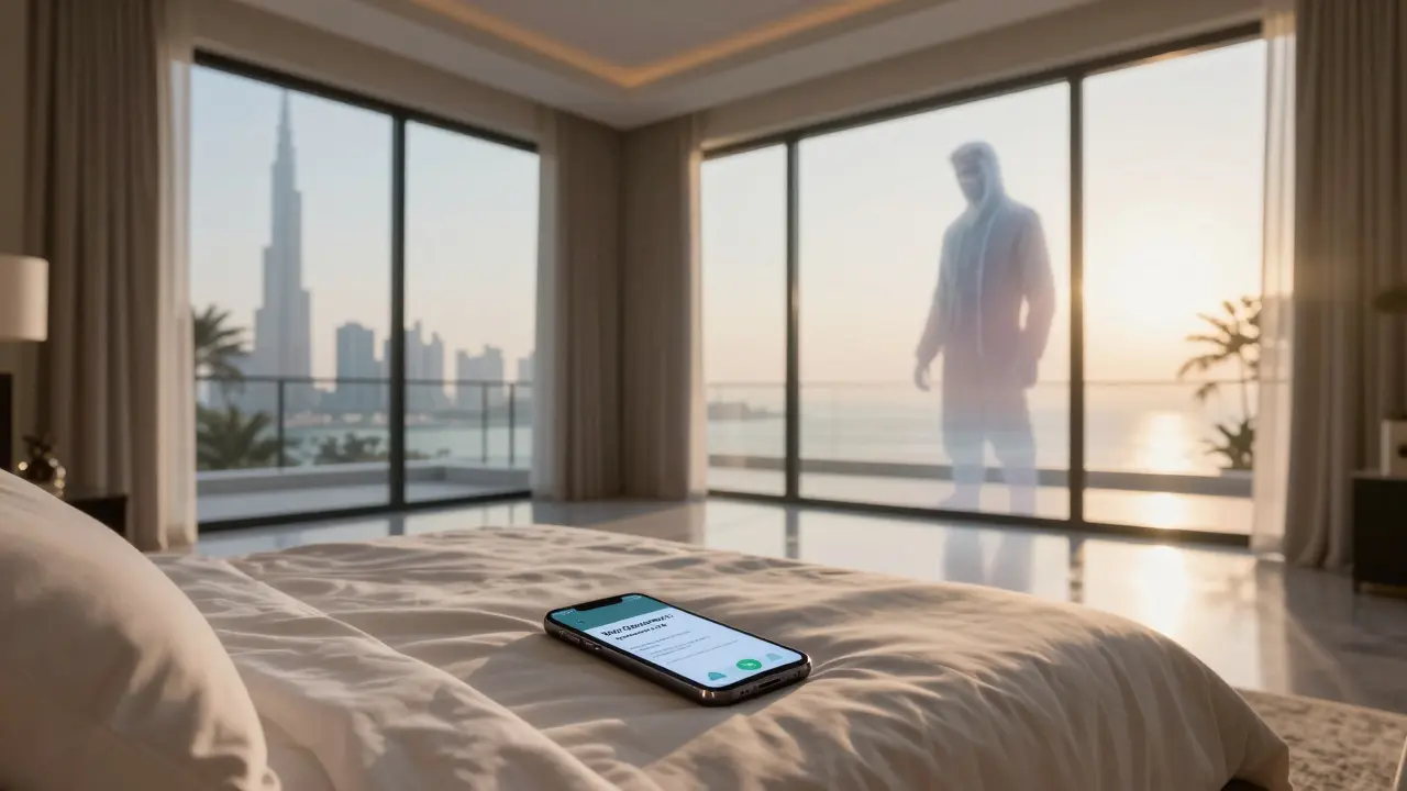 An empty luxury villa at dawn with a smartphone showing subscriber stats and a fading digital character on the wall.
