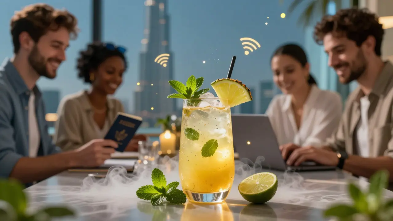 Colorful mocktail with fresh ingredients on a bar counter, diverse guests smiling in relaxed setting.