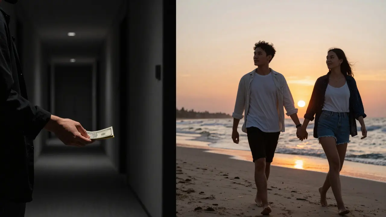 Contrasting scenes: hidden transaction vs. peaceful beach walk at dusk.