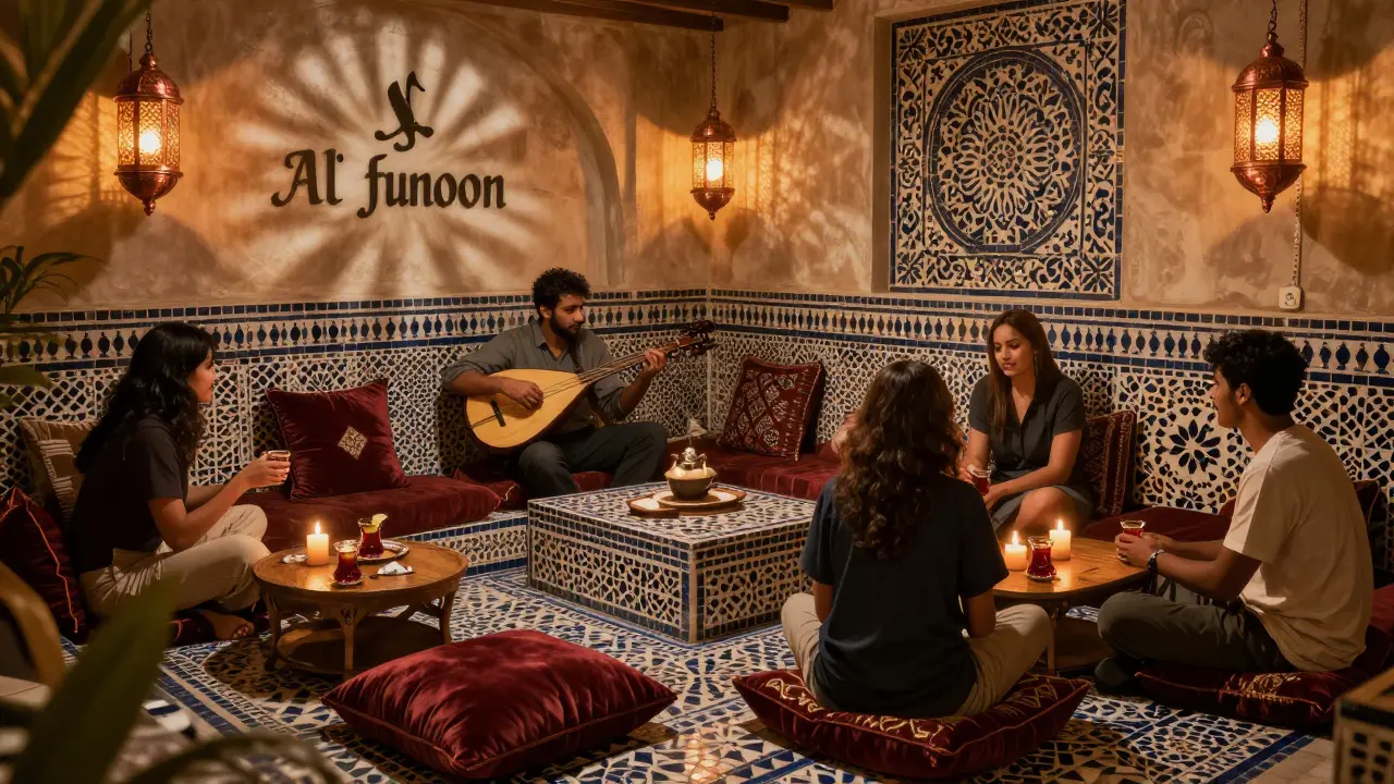 Cozy Persian-style lounge with lanterns, mosaic tiles, and a live oud musician playing softly.