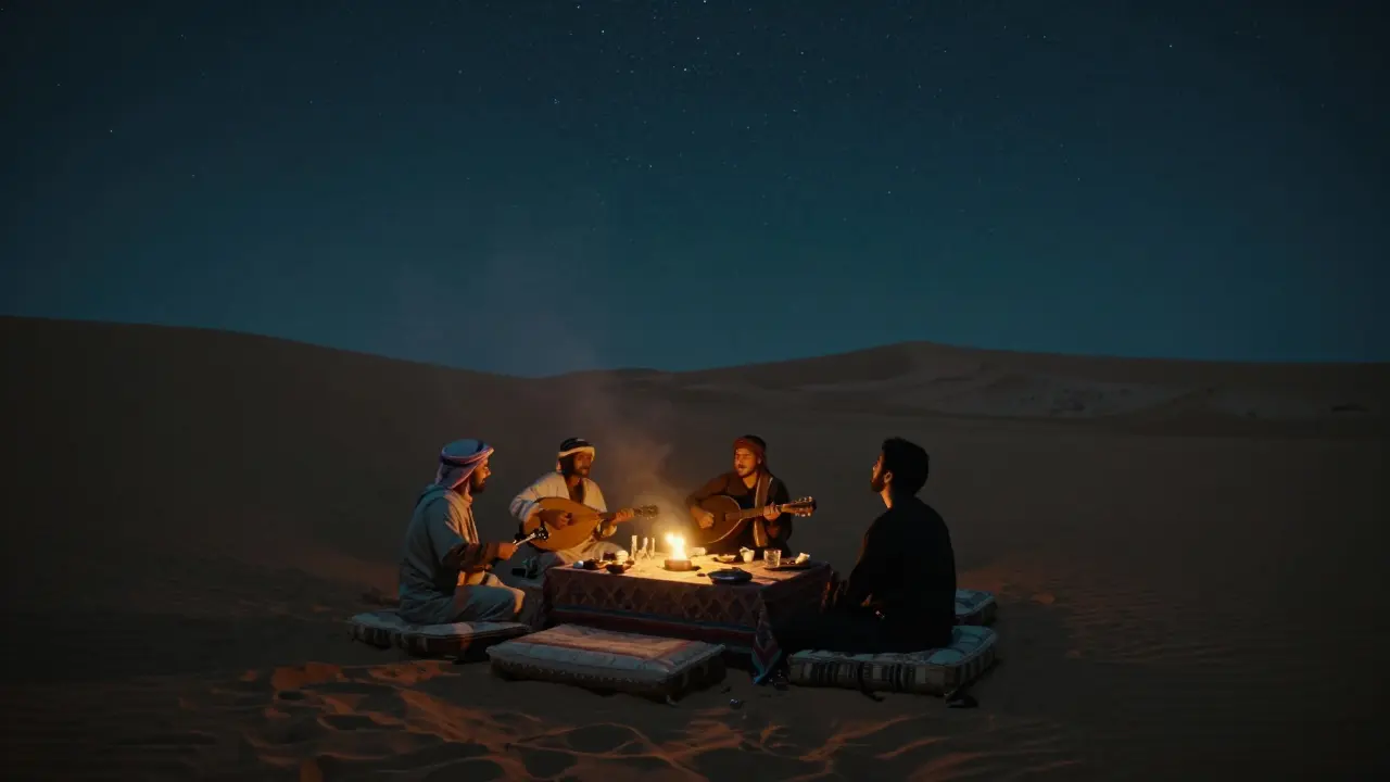 Desert dune at night with firelight and live music under stars, no phones, serene atmosphere.