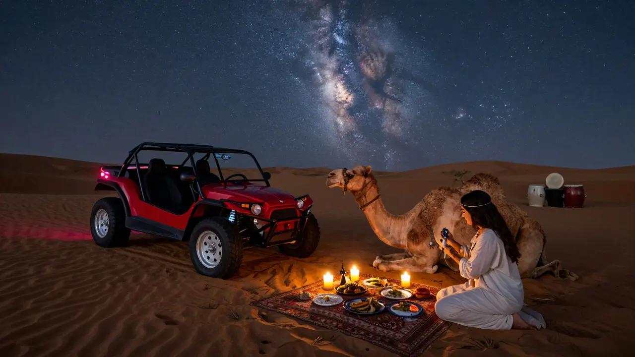 Desert night scene with dune buggy, Bedouin dinner, camel, and henna artist under a brilliant starry sky.