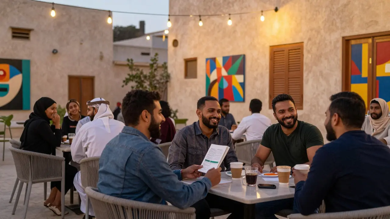 Diverse people socializing outdoors at Alserkal Avenue during sunset.