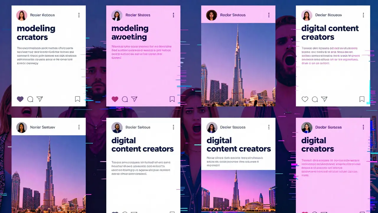 Fake job ads for modeling in Dubai overlaid with glitching faces of victims, digital distortion effect.