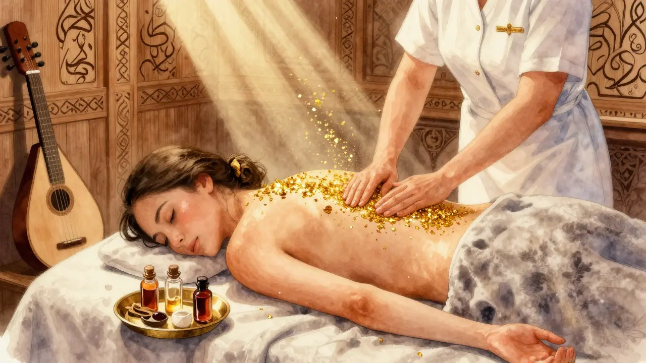 Golden leaf massage with shimmering 24k flakes in oil, set in an elegant Arabic-inspired spa room with soft lighting.