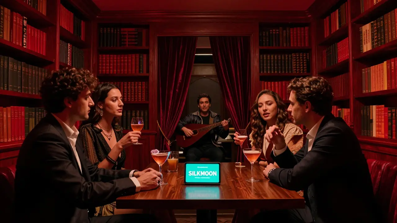 Hidden basement bar in Dubai Mall with bookshelves, dim lighting, and a glowing smartphone displaying a password.