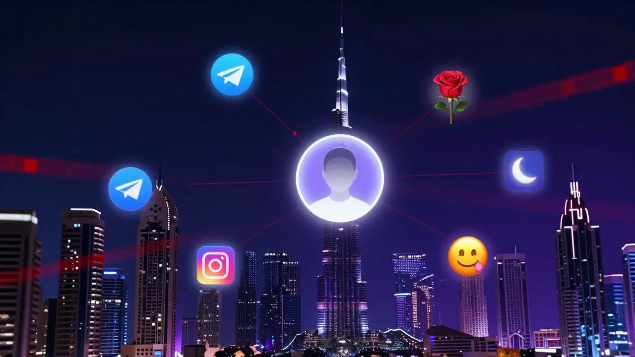 Hidden digital ads for escorts in Dubai, coded emojis and app icons glowing over a dark city skyline.