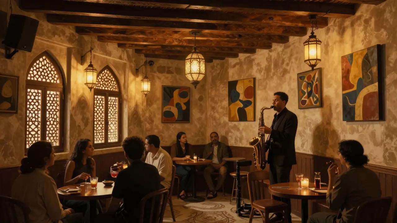 Hidden jazz club inside an old Arabic house, warm lantern light, musician playing saxophone.