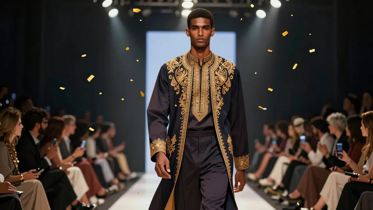 Karim walking the runway at Dubai Fashion Week in a fusion of Emirati embroidery and contemporary menswear.