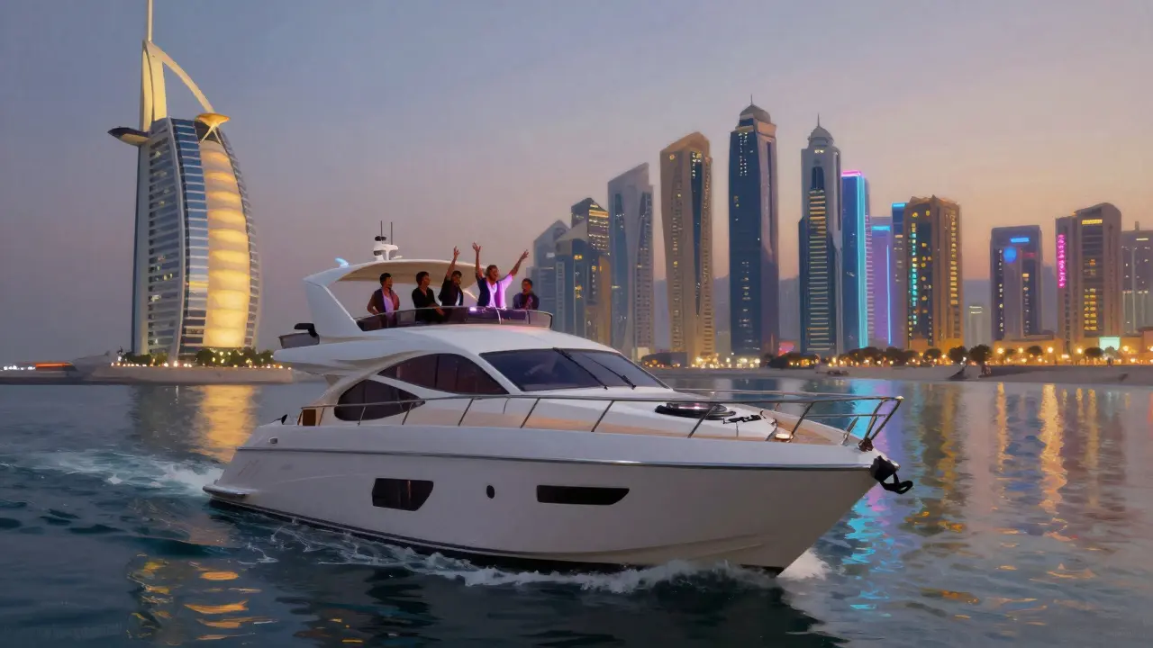 Luxury yacht party on Dubai Marina at twilight with city lights reflecting on water.