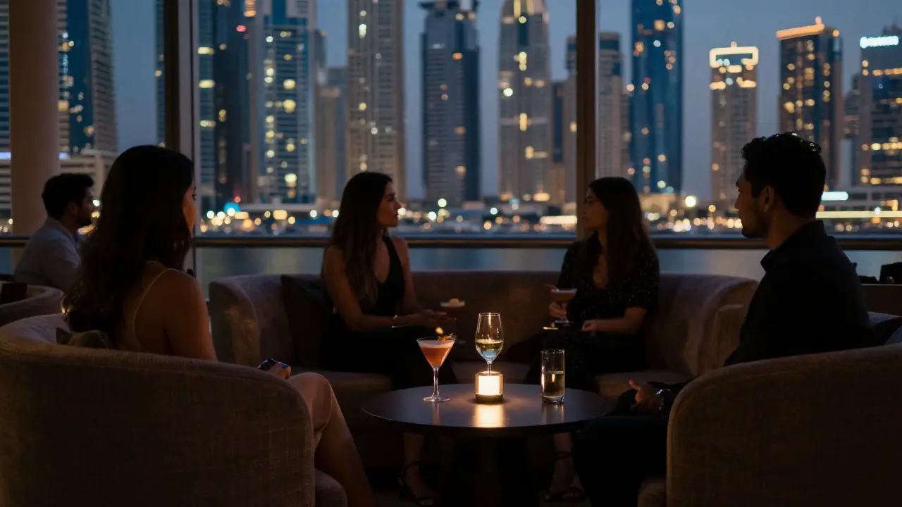 Members-only lounge in Dubai Marina with soft lighting and silhouetted adults in quiet conversation.