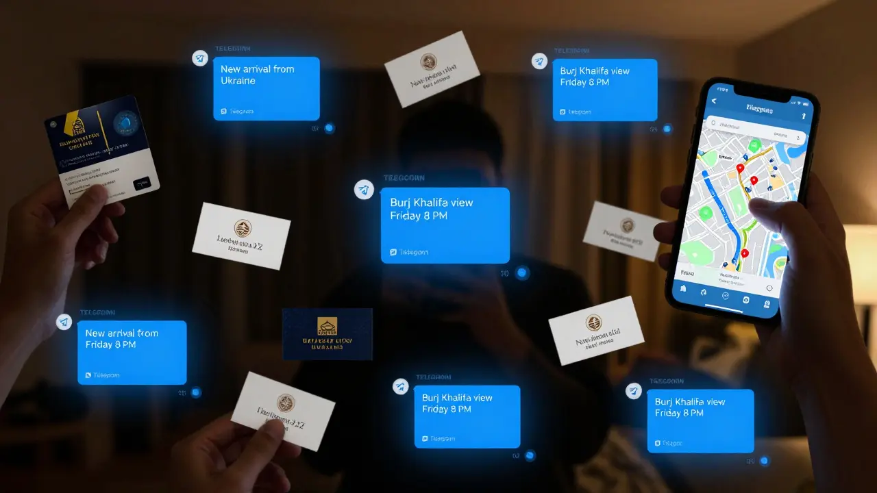 Multiple encrypted messaging screens display coded texts about escort services, surrounded by hotel keycards and a Dubai map with red pins marking locations.