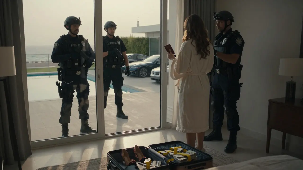 Police conduct a quiet raid in a Dubai luxury apartment at dawn, a woman clutches her passport as a suitcase spills cash and designer shoes.