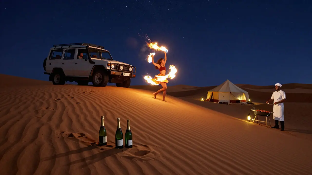 Private desert safari at night with fire dancer, BBQ, and starry sky above golden dunes.