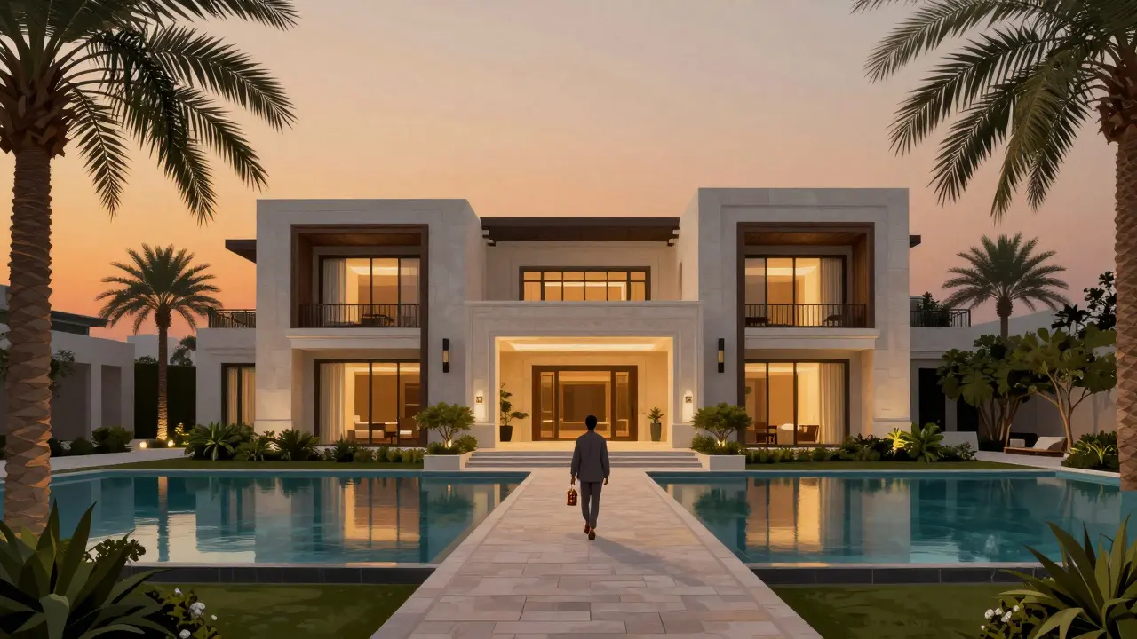 Private villa on Palm Jumeirah at dusk with infinity pool and peaceful landscape, emphasizing exclusivity.