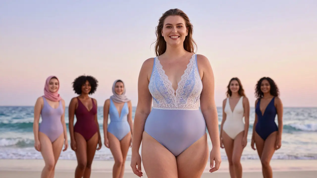 Sofia modeling modest swimwear on a Dubai beach at sunset, surrounded by diverse women in a body-positive campaign.