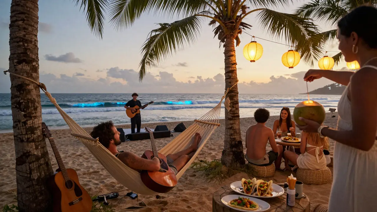 Solo traveler in hammock at dusk with acoustic music, glowing waves, and lantern-lit beach club
