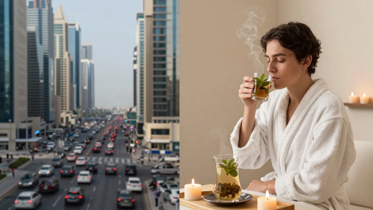 Split image: bustling Dubai city on one side, peaceful spa relaxation on the other, symbolizing stress and serenity.