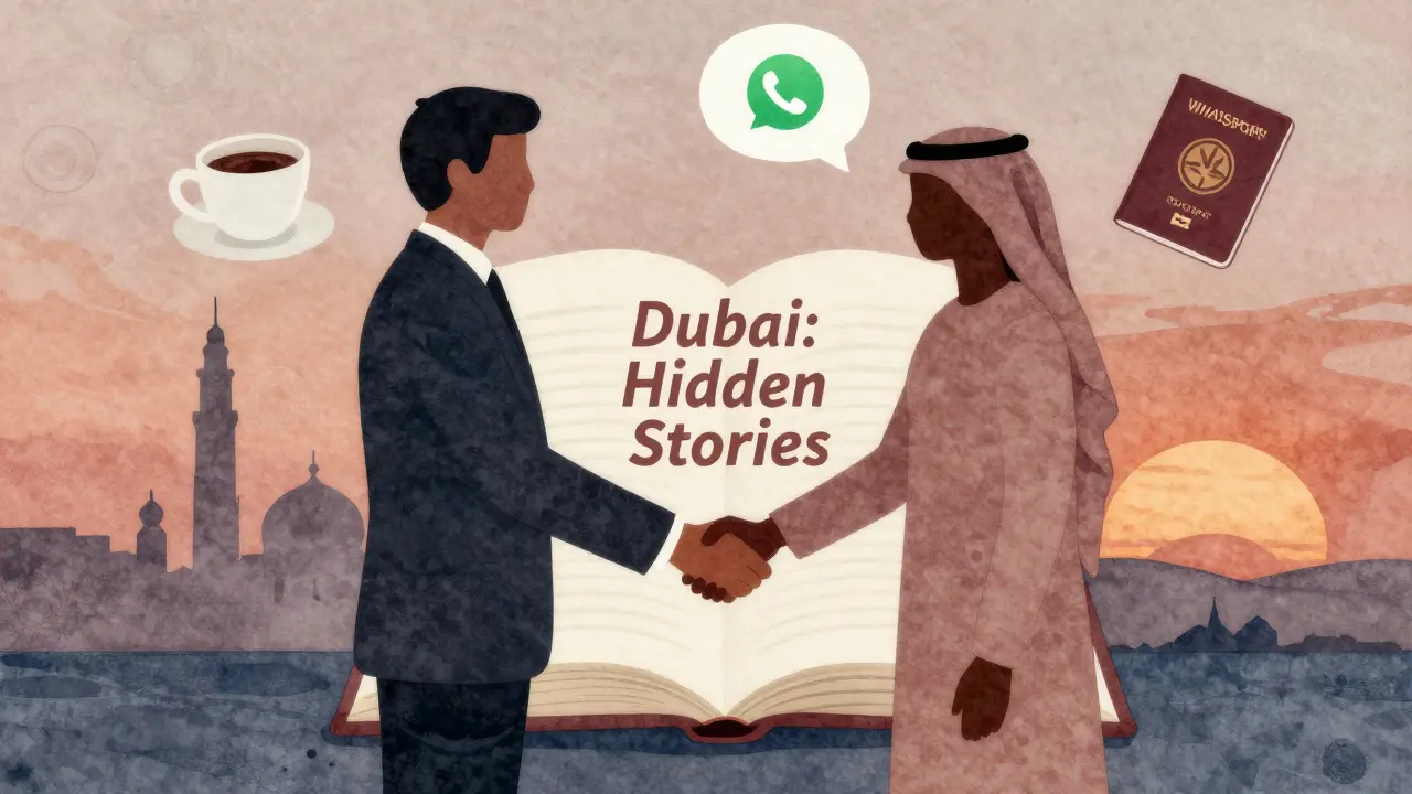 Symbolic handshake between two figures beside an open book, representing trust and connection in Dubai.