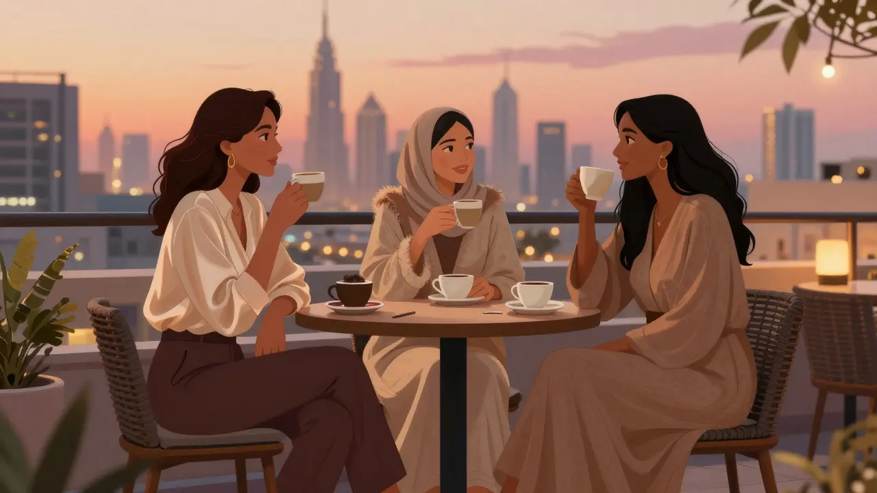 Three women enjoying coffee at a Dubai rooftop café, stylish and relaxed, skyline behind them at sunset.