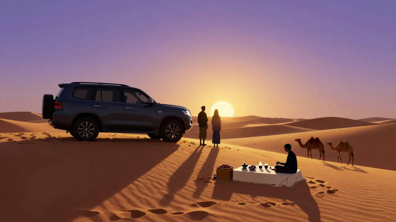 Two people silhouette against a desert sunset, parked on a dune with a private Bedouin-style camp nearby.