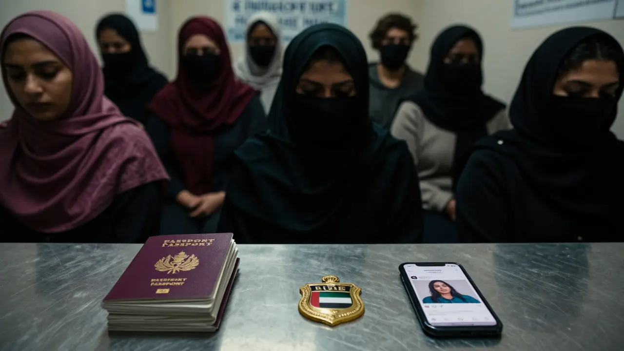 Women in a detention center, their identities hidden, while confiscated passports and a fake escort profile lie on a table.