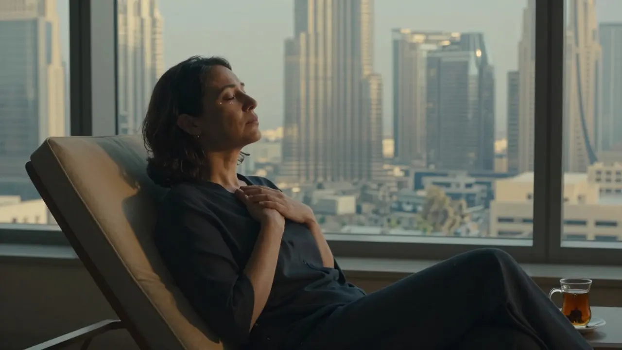 A client sitting alone after a session, gazing at Dubai's skyline, tear on cheek, bathed in warm lamplight.