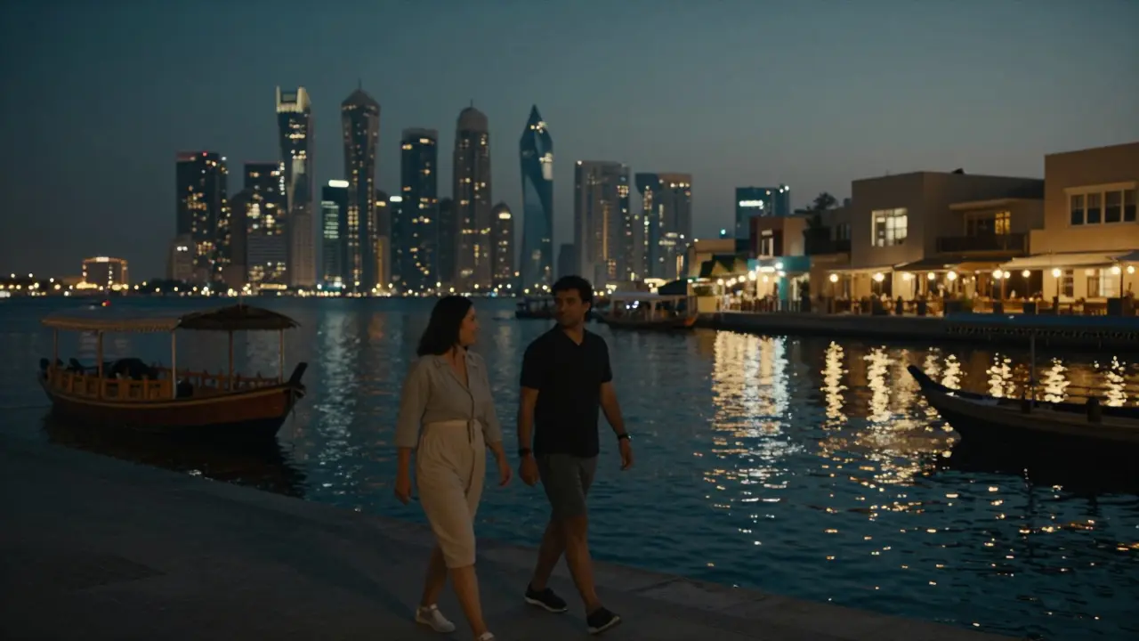 A couple walking along Dubai Creek at twilight, enjoying the city skyline and traditional boats.