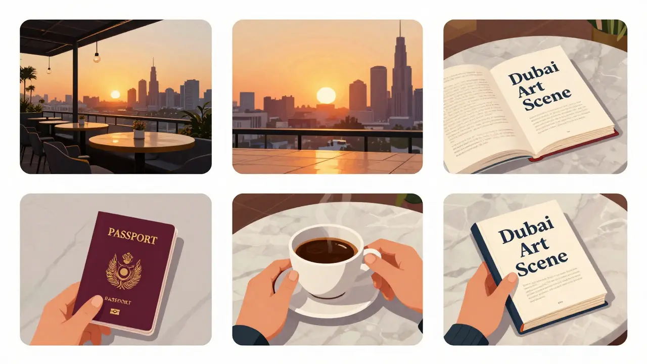 A curated Instagram-style collage of subtle luxury moments in Dubai: coffee, a book, and a sunset view.