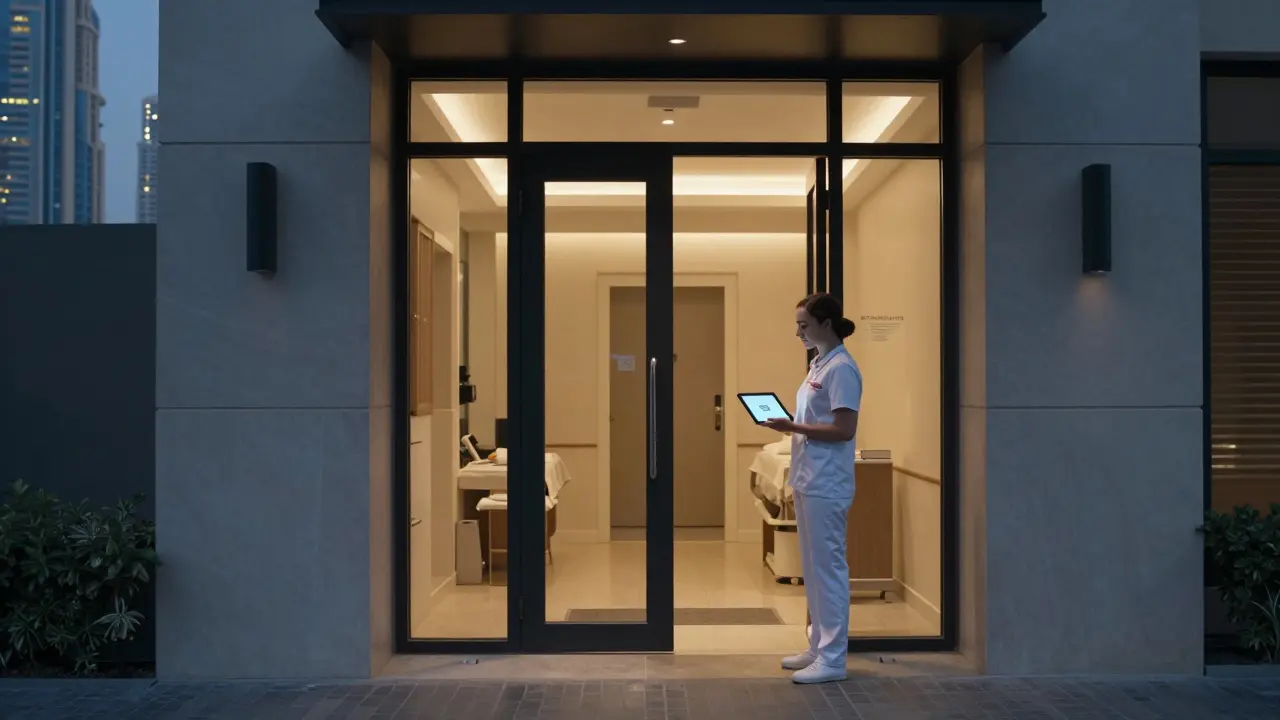 A discreet entrance to a licensed sensual massage spa in Dubai, with a therapist holding a DTCM license on a tablet.