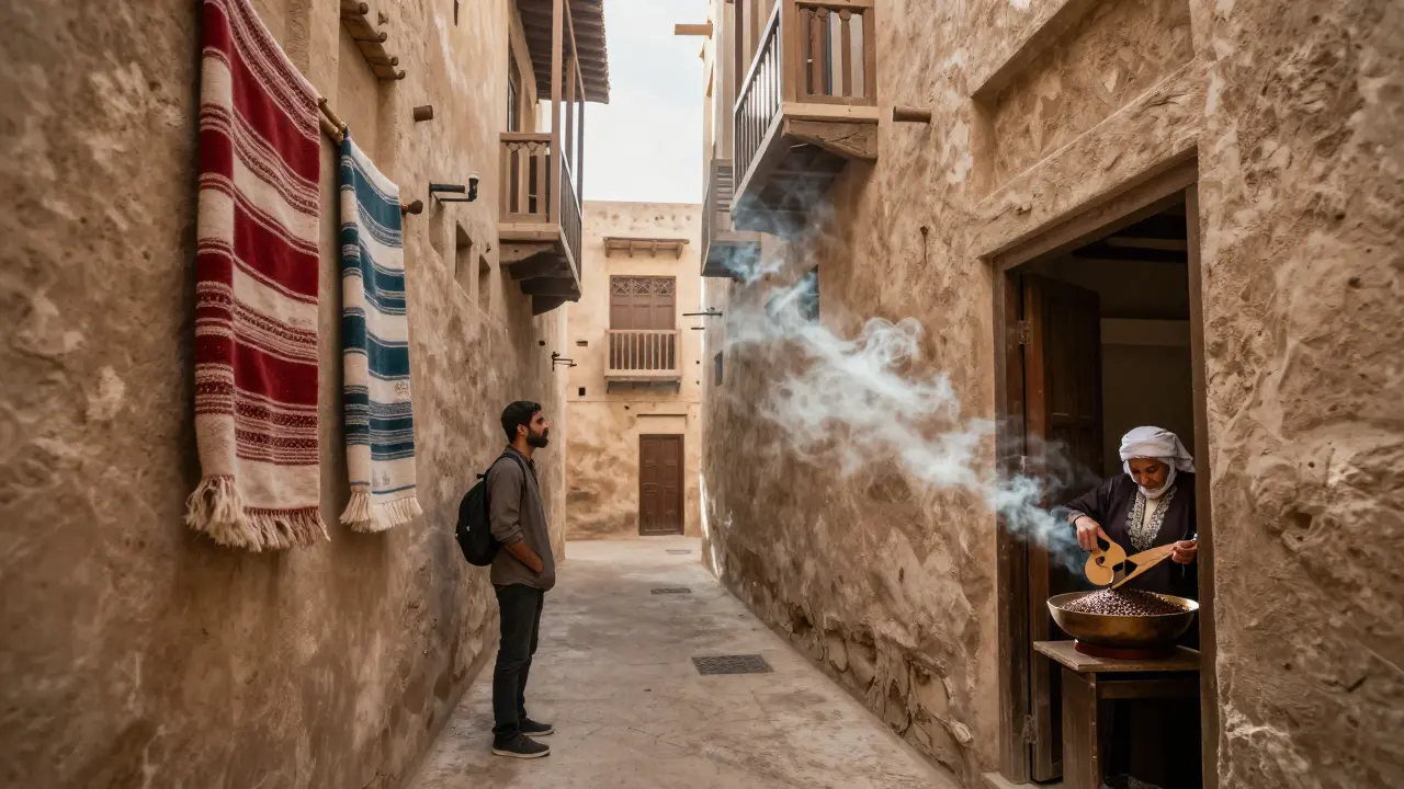 A hidden alley in Al Fahidi reveals traditional Emirati life with woven scarves and oud smoke in golden light.