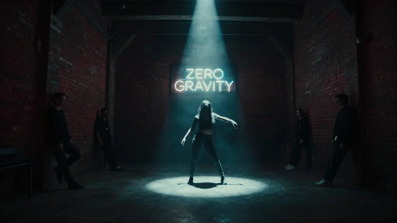 A lone dancer in a dim underground warehouse club bathed in spotlight, surrounded by shadowy figures and industrial textures.