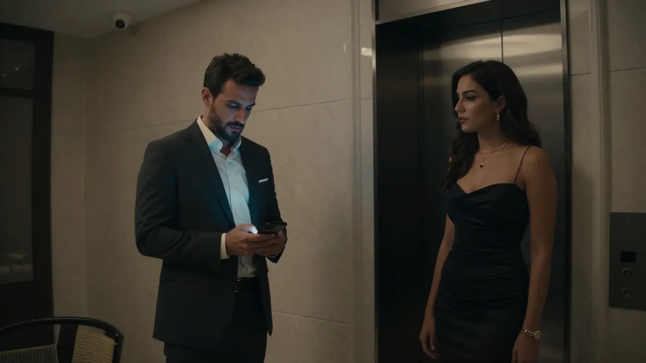 A man and woman in a high-end hotel lobby, separated by space, both avoiding eye contact under hidden surveillance cameras.