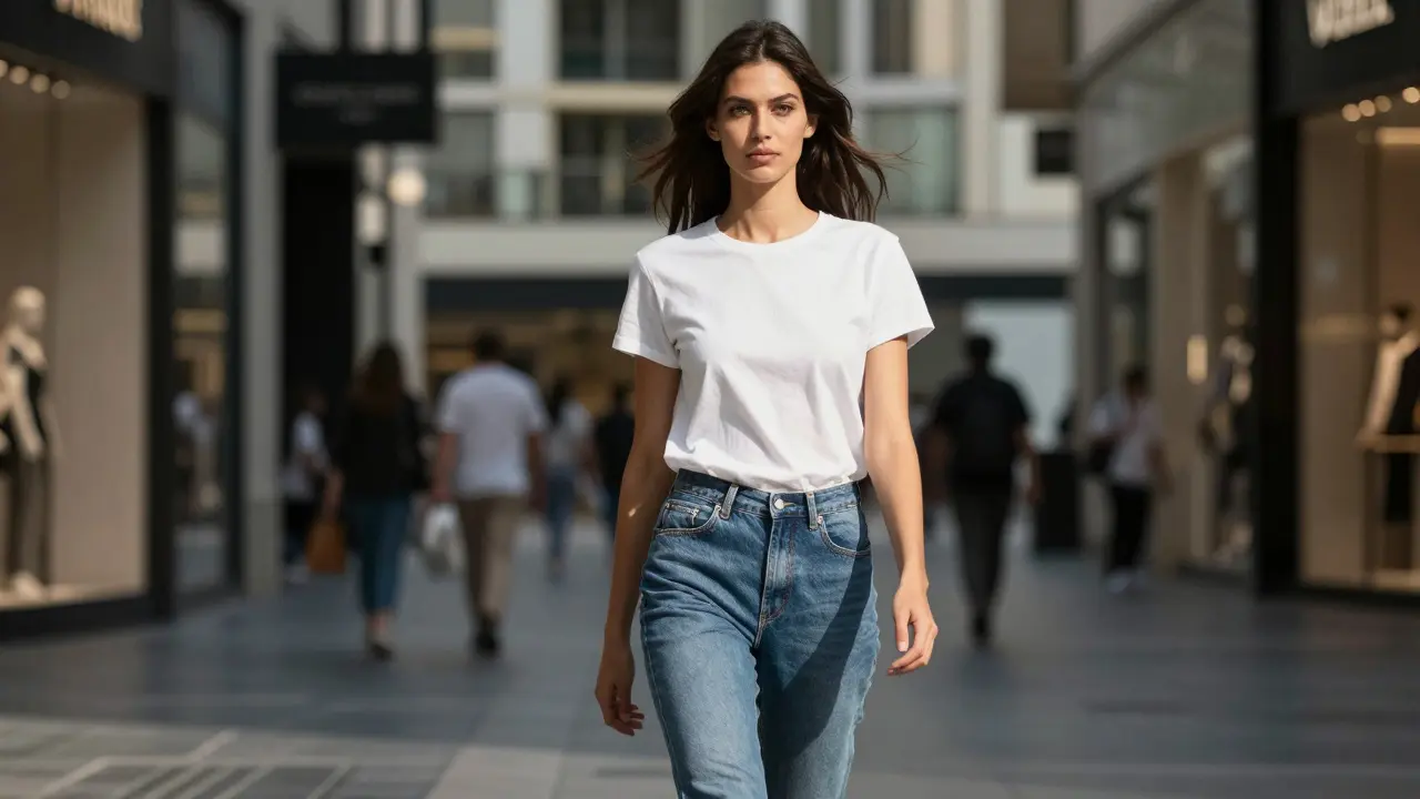 A model walking naturally through Dubai Mall in jeans and a white tee, sunlight highlighting her authentic look.