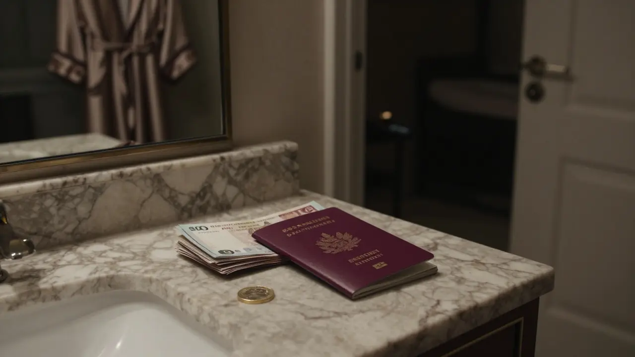 A passport and cash on marble counter in a high-end hotel suite, door slightly open.