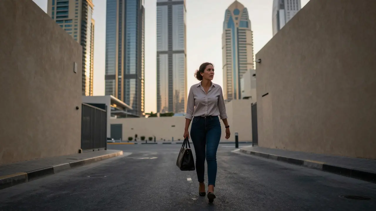A person walking nervously through a Dubai alley at dawn, luxury towers in background, conveying hidden survival.