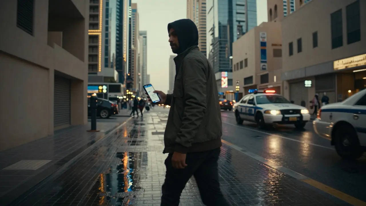 A person walking quickly through a Dubai alley at dawn, holding a burner phone with a crypto payment displayed, looking over their shoulder.