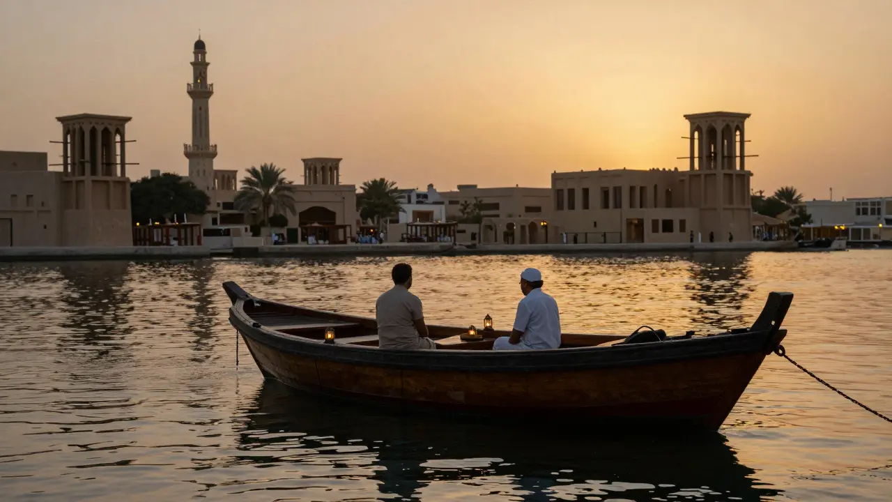A private dhow cruises silently along Dubai Creek at sunset, golden light reflecting on calm water.