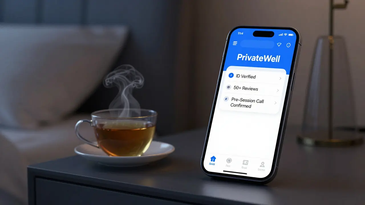 A private wellness app on a phone showing verified reviews and pre-session confirmation in a quiet apartment.