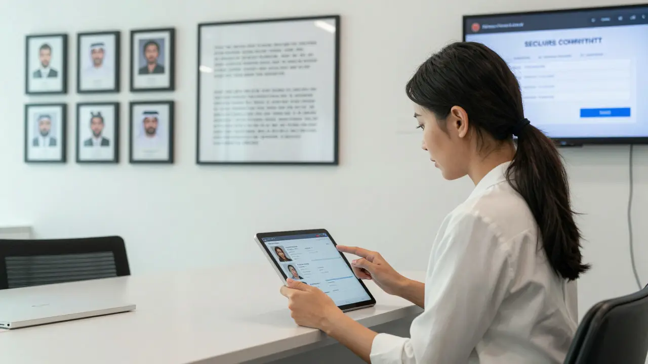 A professional woman reviewing verified client profiles in a discreet Dubai escort agency office.