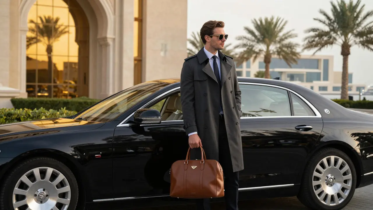 A professionally dressed European companion exits a luxury car outside a Dubai hotel at dusk.