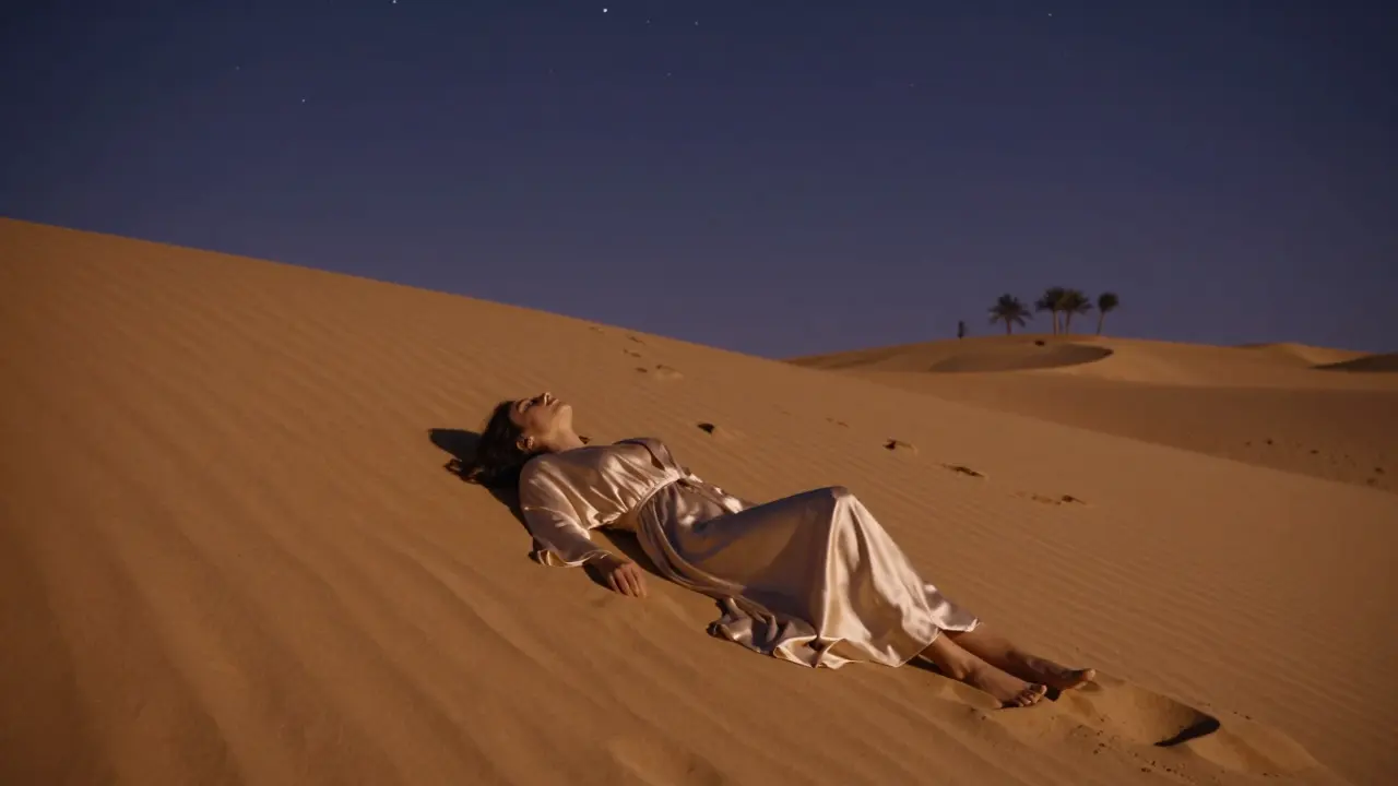 A silk robe lies on desert dunes at dusk under a starry sky, evoking quiet sensuality and solitude.