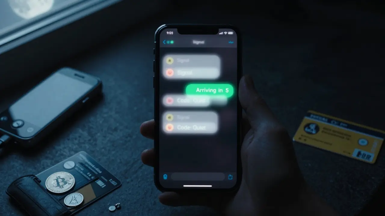 A smartphone displaying encrypted messages and items associated with secure escort arrangements in Dubai.