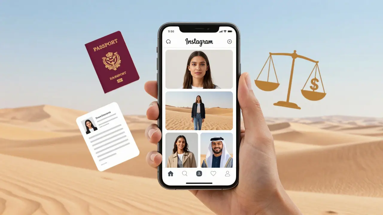 A smartphone showing three authentic modeling photos with symbols of culture, contract, and opportunity floating around it.