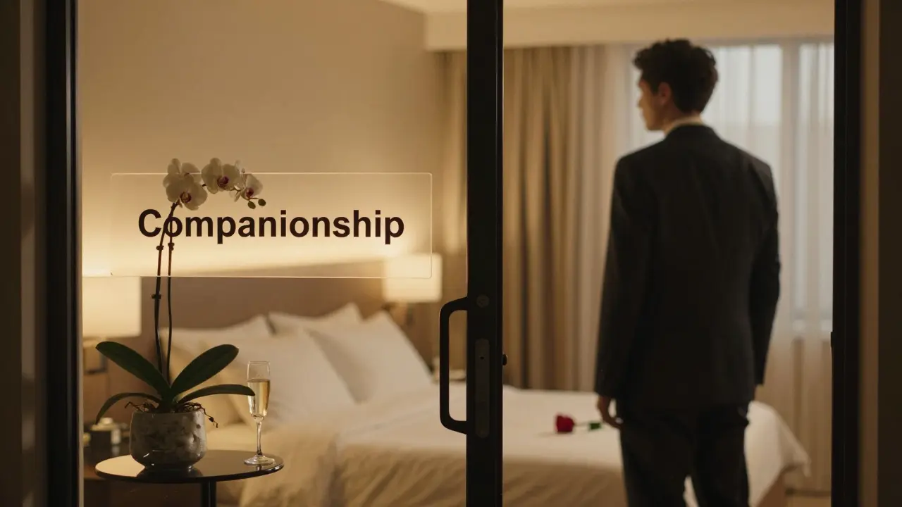 A transparent door labeled 'Companionship' opens into a softly lit hotel room with champagne and a rose, while a man waits respectfully outside.
