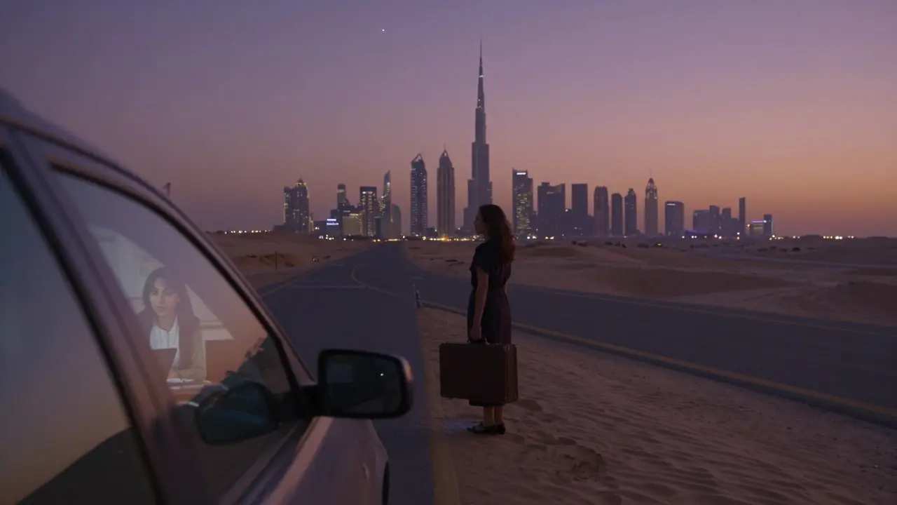 A woman stands alone at a desert highway, gazing back at Dubai’s skyline with a faded memory reflected in glass.
