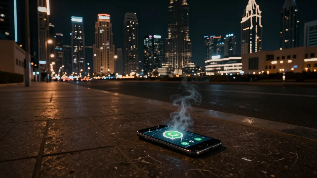 An abandoned phone on a Dubai sidewalk at night with neon city lights in the distance.