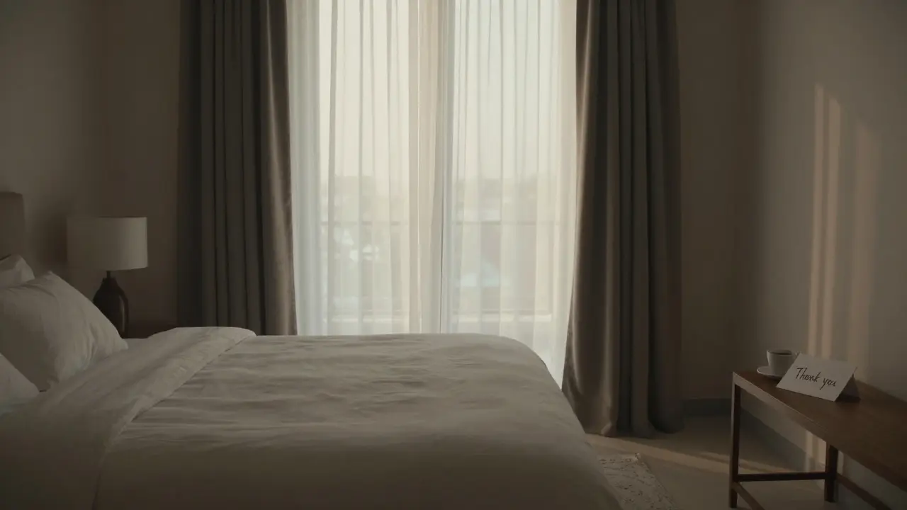 An empty luxury villa suite at dawn, hinting at a private, silent encounter with no one present.